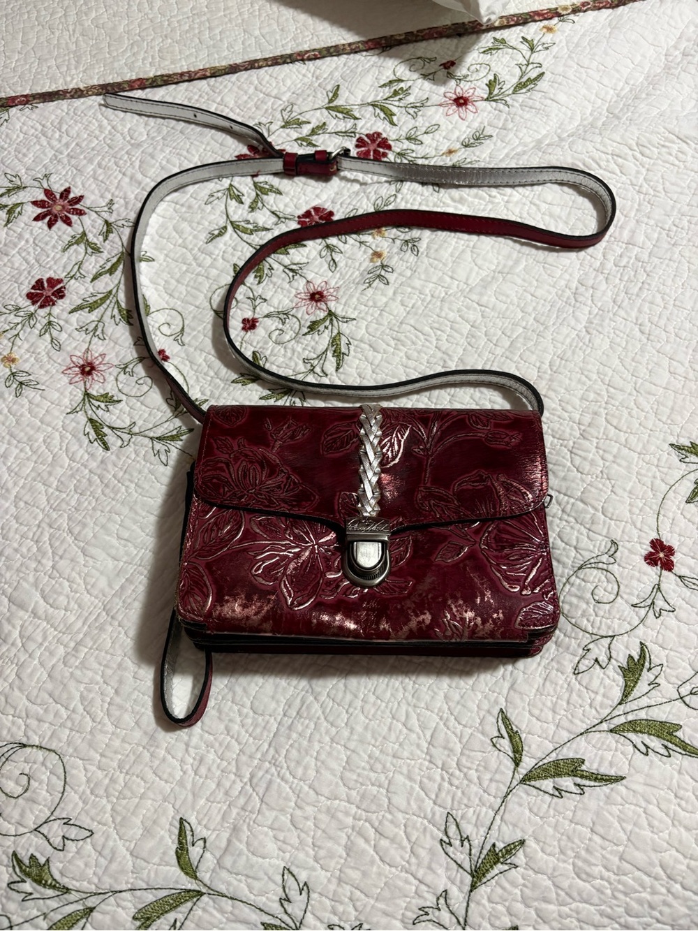 Patricia Nash Embossed Floral Dual Crossbody/Wristlet in Deep Burgundy